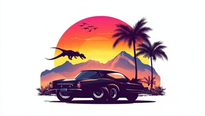 Retro Sunset Escape: Classic Car, Tropical Paradise, and Prehistoric Surprise