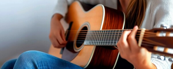 Obraz premium Acoustic Guitar Music Session with a Guitarist in Blue Jeans and a White Shirt Indoors