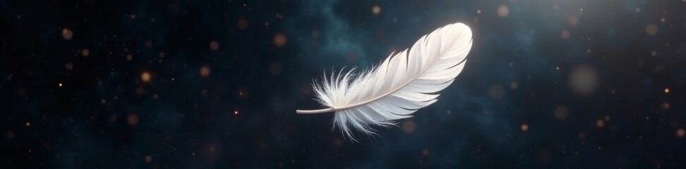 Obraz premium Weightless white feather drifts, light beams illuminate, infinite black void, light, contrast