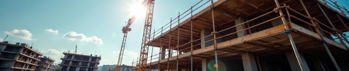 Busy construction site, bright sunny day, scaffolding visible , sky, building, bright sky
