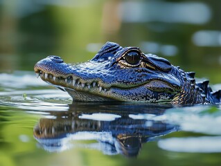 Fototapeta premium Majestic Close-up of a Swimming Crocodile in Calm Waters With Reflection and Lush Background in Natural Habitat