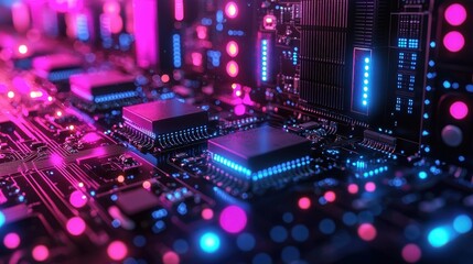Obraz premium Futuristic Circuit Board with Glowing Microchips and Neon Lights - Abstract Technology Background