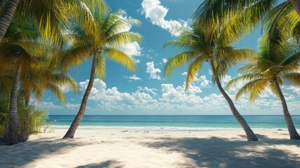 Two tall, swaying palm trees stand gracefully on the sandy beach, overlooking the sparkling ocean waves.