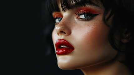 Fototapeta premium Woman Red Lips Makeup Portrait Studio