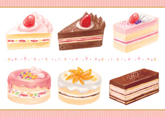 手描きのケーキのイラスト6点セット