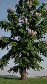 A video captures a tall tree with pink blossoms from a low-angle, emphasizing its height against a clear sky, conveying nature's grandeur. Live mobile wallpaper.