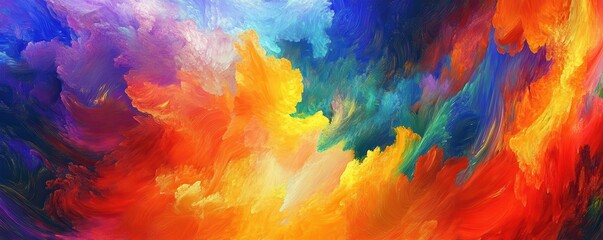 Vibrant abstract painting featuring a swirling, colorful cloud against a serene blue sky backdrop.