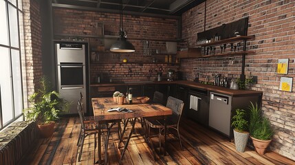 industrial kitchen with exposed brick walls, wooden floors modern appliances rustic design includes a wooden dining table and plants for decoration interior modern concept.