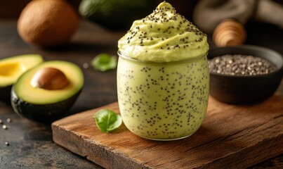 Creamy avocado chia seed pudding dessert on rustic wood