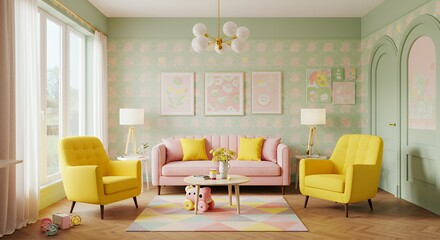 Cozy Pastel Living Room with Yellow Accents and Playful Decor