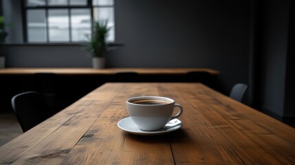 Obraz premium A steaming cup of coffee rests on a rustic wooden table, surrounded by a cozy room ambiance, inviting warmth and comfort.