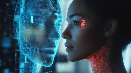 Woman facing AI, digital overlay, future tech, interface