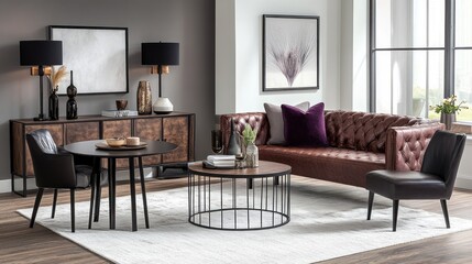 Modern living room with leather sofa, round coffee table, and dark wood sideboard.