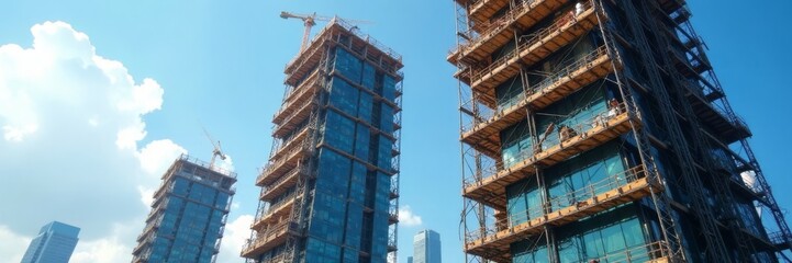 Modern skyscraper under construction, intricate scaffolding , urban landscape, metal, engineering