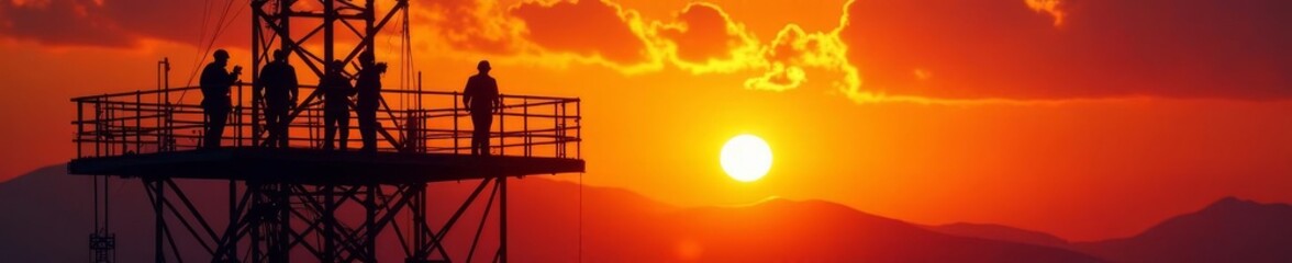 Silhouetted figures on high scaffolding, fiery sunset backdrop, yellow, extreme, construction