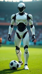 Sleek robot, soccer ball at feet, futuristic field , standing, success, science fiction