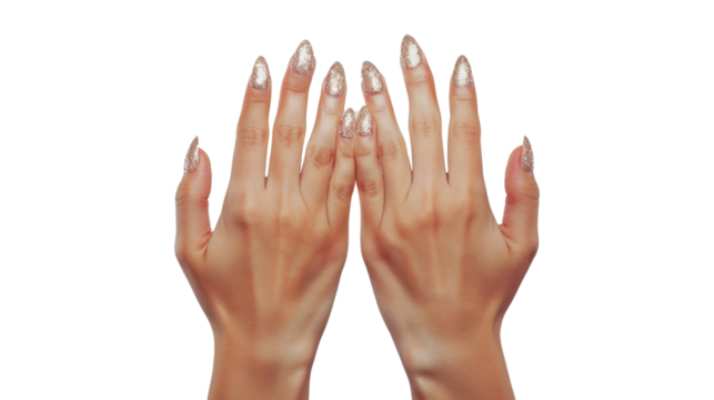 Woman showing golden glitter manicure on transparent background