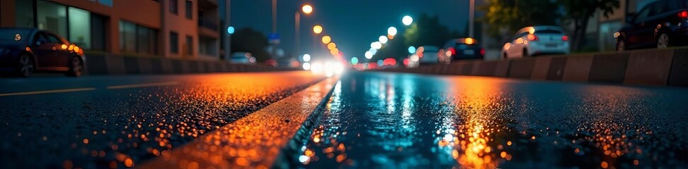 Wet asphalt, urban road repair, night construction,  signs,  night work