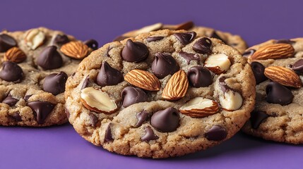 Obraz premium Photo of Almond Cookies. A cookie with chocolate chips and whole almonds on top
