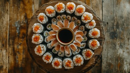 Assorted Sashimi and Sushi Platter on Wooden Table