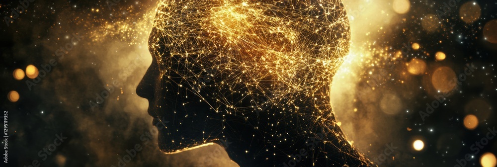 Aufkleber human head silhouette filled with interconnected ai nodes against a cosmic cyberpunk background. gen