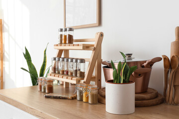 Stand with different spices, utensils and plant on counter near light wall in kitchen