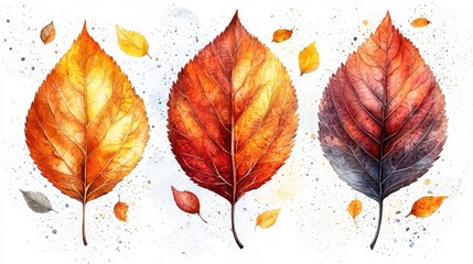 Vibrant autumn leaves in various colors with splashes of paint, showcasing seasonal change
