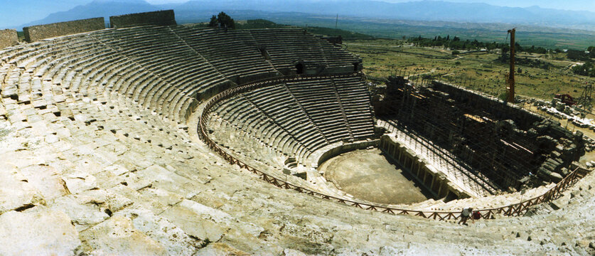 Panoramic view of ancient theatre in the ruins of Hierapolis, Pamukkale, Denizli Province, Turkey.
