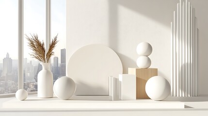 Sunlit Minimalist 3D Render: Geometric Forms and Dried Pampas Grass by a City Window AI Generated
