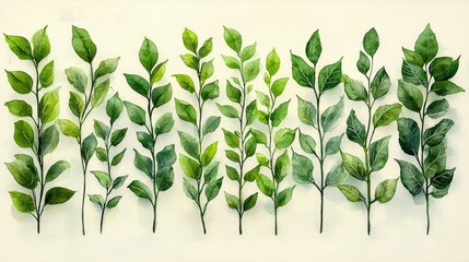 A vibrant collection of green leaves arranged in a row, showcasing various shades and textures