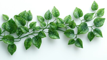 Lush green leaves with water droplets arranged elegantly on a white background for decoration