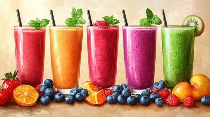 Colorful assortment of fresh fruit smoothies with berries and mint leaves on a textured background
