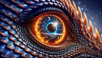 Naklejka premium Dragon eye with cosmic reflection of planets and fire ring