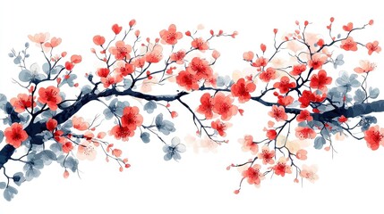 Delicate watercolor illustration of cherry blossom branches with vibrant red flowers and soft leaves