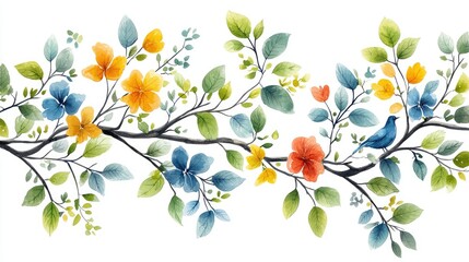 Vibrant watercolor illustration of blooming flowers and a blue bird perched among lush leaves