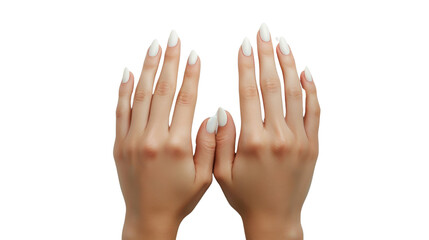 Obraz premium Woman showing her manicured hands with white nail polish on transparent background