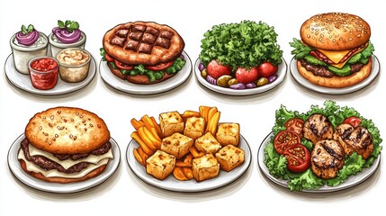 Assorted Delicious Dishes Including Burgers, Salads, and Sides on Plates for a Feast