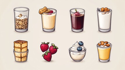 A colorful assortment of desserts and snacks displayed in clear glasses on a neutral background