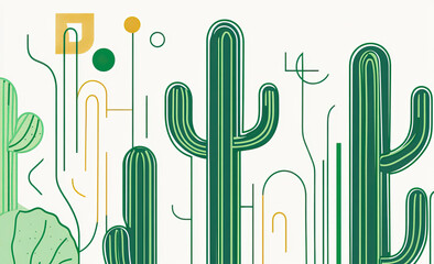 Abstract illustration featuring stylized cacti and geometric shapes in a green color palette.