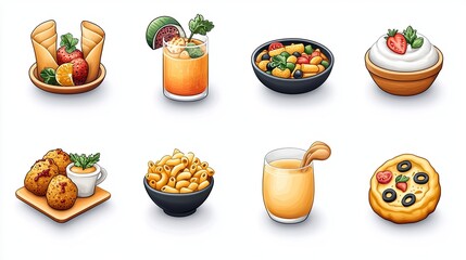 A colorful assortment of delicious desserts and beverages arranged on a clean white background