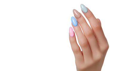 Woman hand showing colorful pastel nails on transparent background