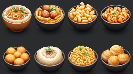 A vibrant assortment of various delicious dishes served in black bowls on a dark background