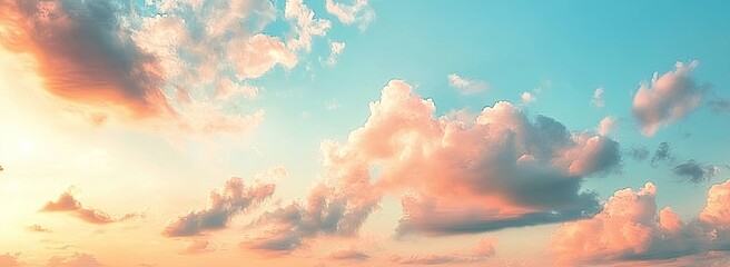 Vivid gradient sunset sky with pastel clouds and horizontal banner composition, ideal for social media banners, travel agency promotions, and wall art prints.