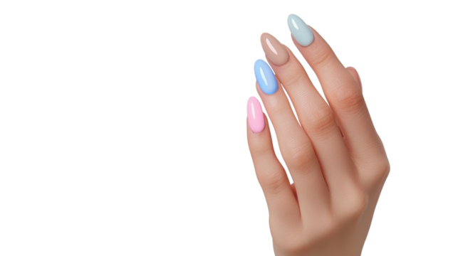 Woman hand showing colorful pastel nails on transparent background