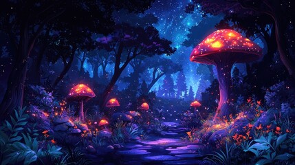 Enchanted nighttime forest with glowing mushrooms and a starry sky, creating a magical atmosphere