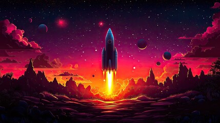Vibrant rocket launch against a cosmic backdrop with colorful planets and clouds