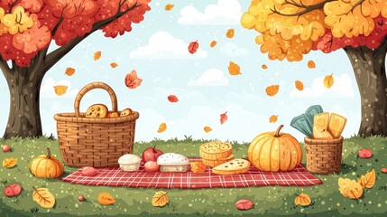 Autumn picnic scene with a basket of cookies, pumpkin, and scattered leaves under colorful trees