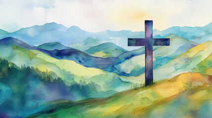 Obraz premium serene watercolor scene featuring cross against backdrop of rolling hills and mountains, evoking sense of peace and