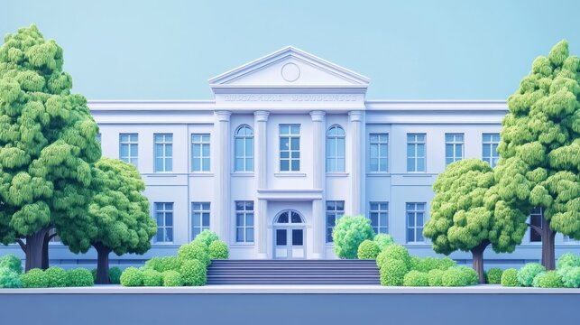 School building facade with trees