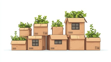 Stacked cardboard boxes with greenery, symbolizing eco-friendliness and sustainability